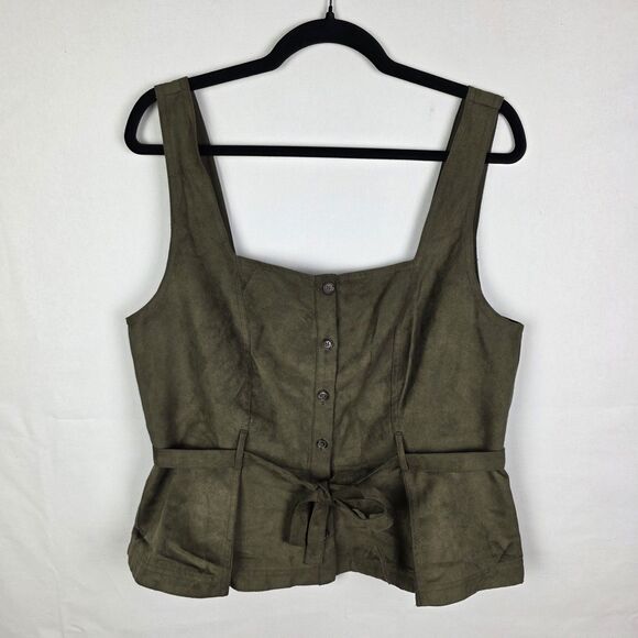 NWT Banana Republic Lucie Vegan Suede Button Down Top Size 12 Olive Green Belted - Picture 2 of 7